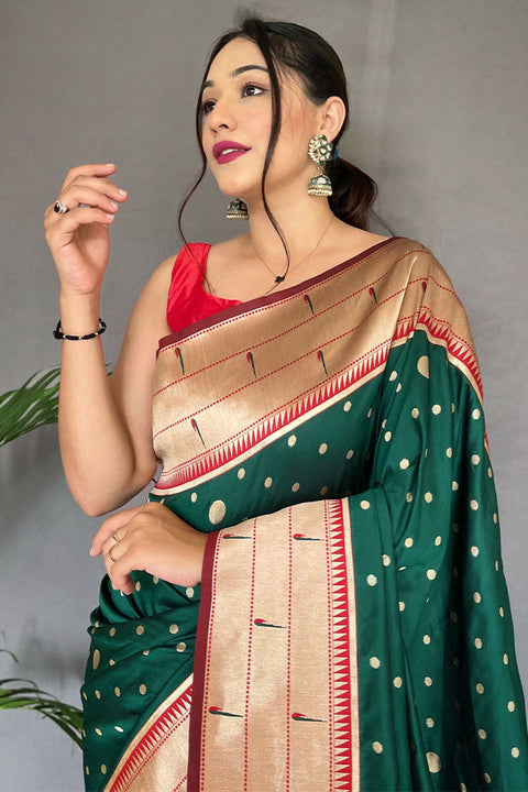 VastraLakshmi Charming Dark Green Paithani Silk Saree With Alluring Blouse Piece