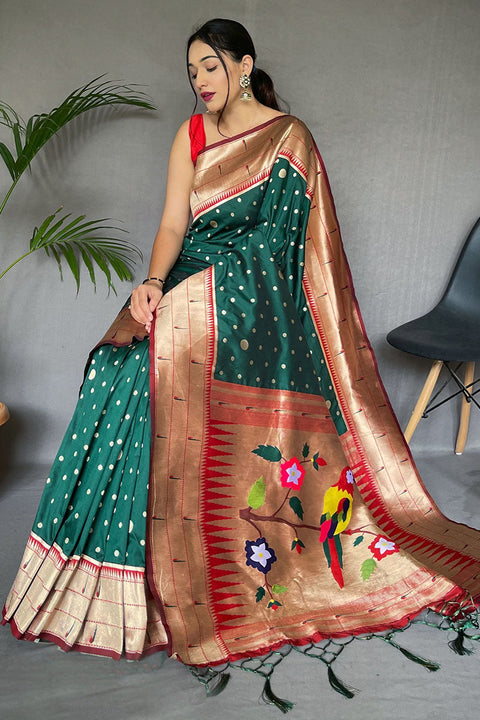 VastraLakshmi Charming Dark Green Paithani Silk Saree With Alluring Blouse Piece