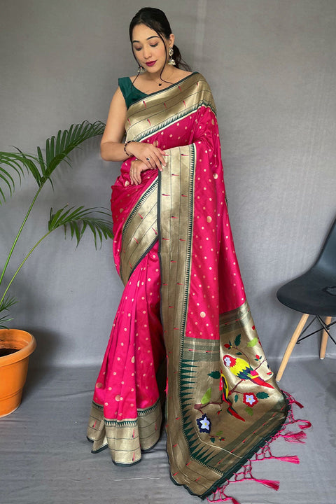 VastraLakshmi Extraordinary Dark Pink Paithani Silk Saree With Pretty Blouse Piece