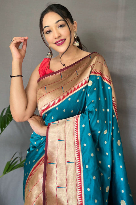 VastraLakshmi Girlish Firozi Paithani Silk Saree With Radiant Blouse Piece