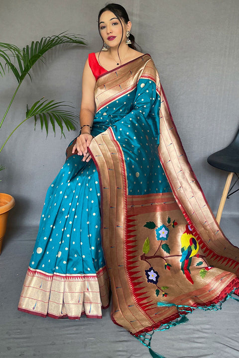 VastraLakshmi Girlish Firozi Paithani Silk Saree With Radiant Blouse Piece