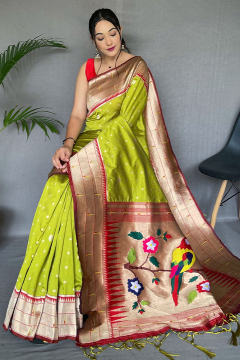 VastraLakshmi Prettiest Mehndi Paithani Silk Saree With Traditional Blouse Piece