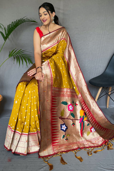 VastraLakshmi Cynosure Mustard Paithani Silk Saree With Embrocation Blouse Piece