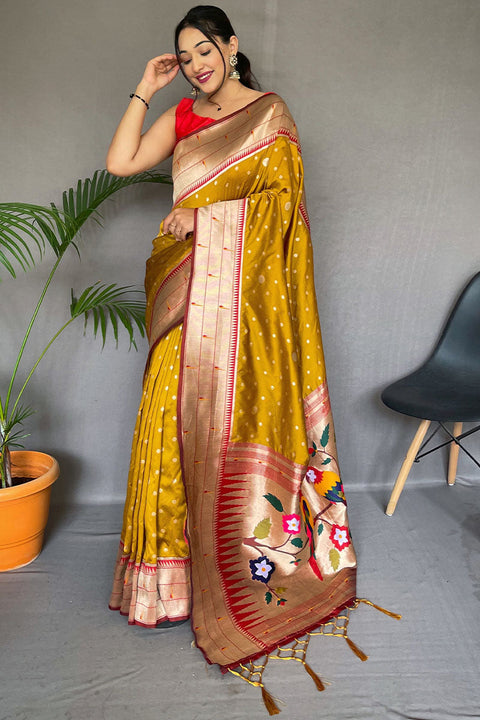 VastraLakshmi Cynosure Mustard Paithani Silk Saree With Embrocation Blouse Piece