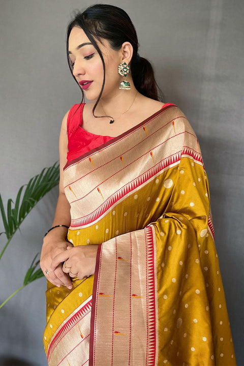 VastraLakshmi Cynosure Mustard Paithani Silk Saree With Embrocation Blouse Piece