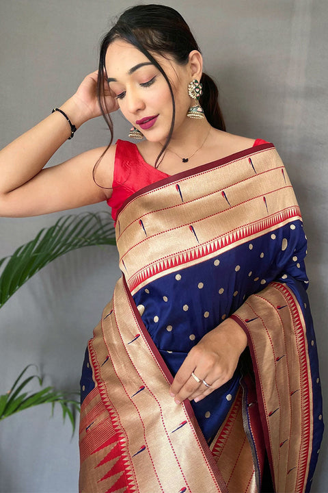 VastraLakshmi Quintessential Navy Blue Paithani Silk Saree With Woebegone Blouse Piece