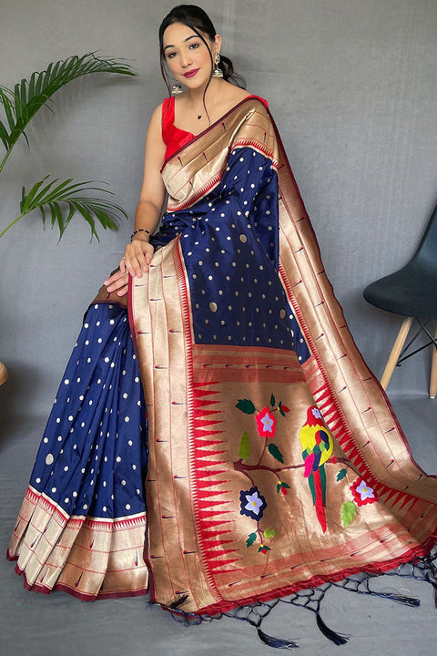 VastraLakshmi Quintessential Navy Blue Paithani Silk Saree With Woebegone Blouse Piece