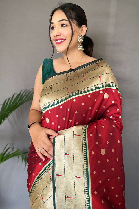 VastraLakshmi Exuberant Red Paithani Silk Saree With Snazzy Blouse Piece