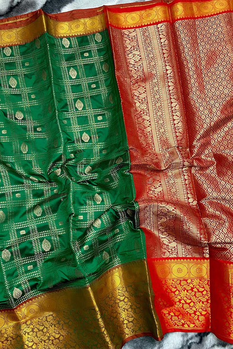 VastraLakshmi Forbearance Green Kanjivaram Silk Saree With Desuetude Blouse Piece