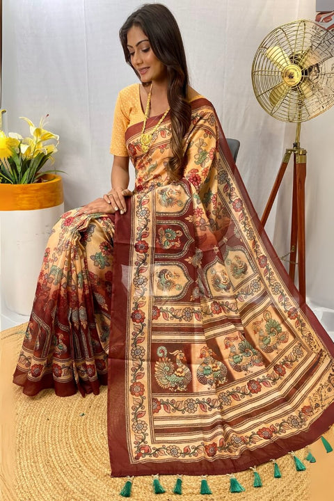 VastraLakshmi Eloquence Beige Kalamkari Printed Saree With Palimpsest Blouse Piece