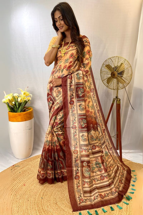 VastraLakshmi Eloquence Beige Kalamkari Printed Saree With Palimpsest Blouse Piece