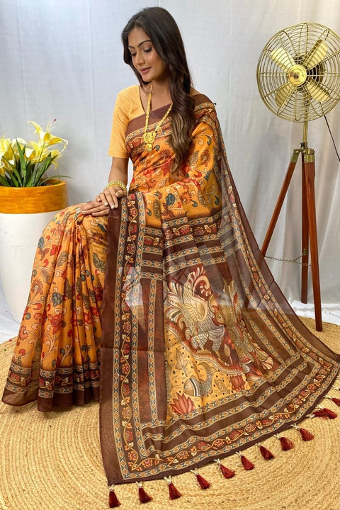 VastraLakshmi Magnetic Mustard Kalamkari Printed Saree With Snappy Blouse Piece