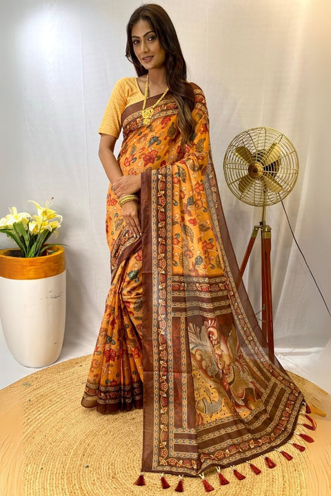 VastraLakshmi Magnetic Mustard Kalamkari Printed Saree With Snappy Blouse Piece