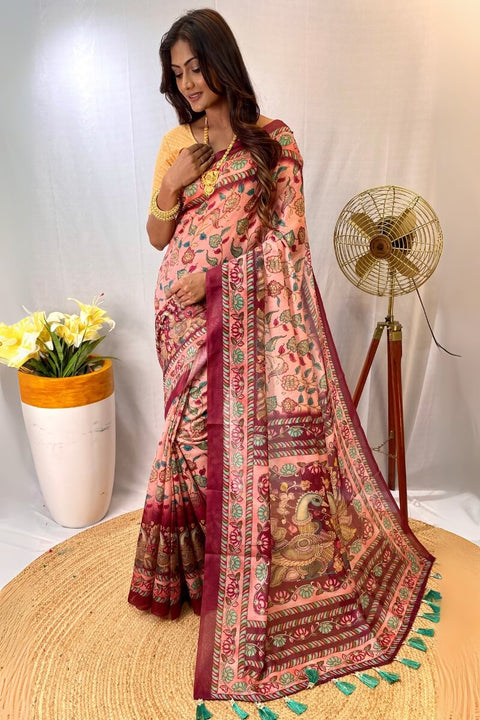 VastraLakshmi Exquisite Pink Kalamkari Printed Saree With Resonant Blouse Piece