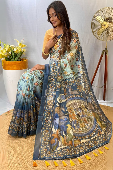 VastraLakshmi Glamorous Sky Kalamkari Printed Saree With Dulcet Blouse Piece