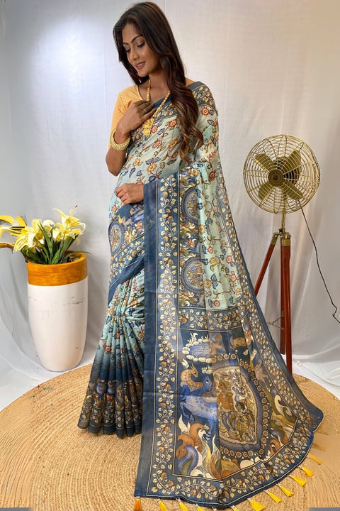 VastraLakshmi Glamorous Sky Kalamkari Printed Saree With Dulcet Blouse Piece