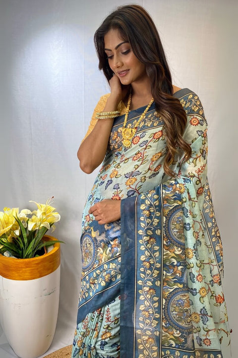 VastraLakshmi Glamorous Sky Kalamkari Printed Saree With Dulcet Blouse Piece