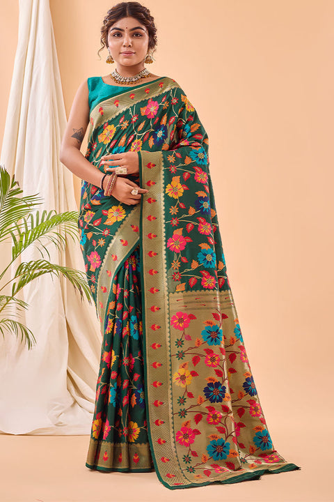 VastraLakshmi Murmurous Dark Green Paithani Silk Saree With Ephemeral Blouse Piece