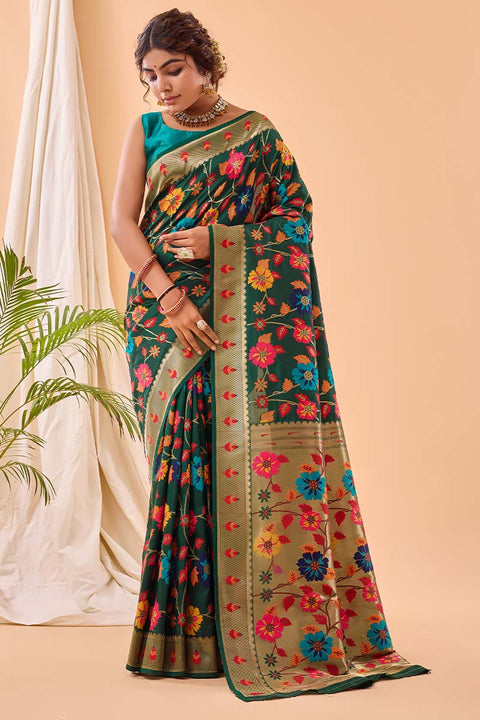 VastraLakshmi Murmurous Dark Green Paithani Silk Saree With Ephemeral Blouse Piece