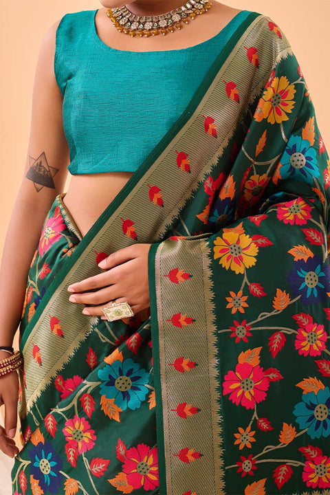 VastraLakshmi Murmurous Dark Green Paithani Silk Saree With Ephemeral Blouse Piece