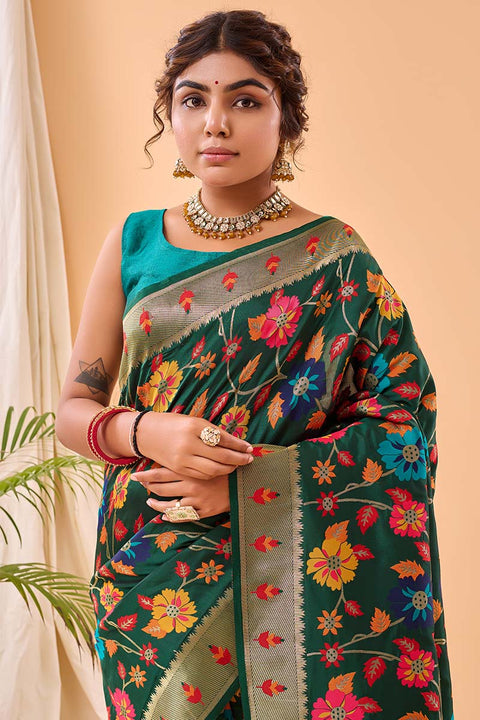 VastraLakshmi Murmurous Dark Green Paithani Silk Saree With Ephemeral Blouse Piece