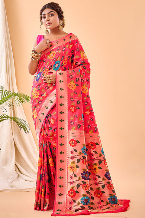 VastraLakshmi Ailurophile Dark Pink Paithani Silk Saree With Admirable Blouse Piece