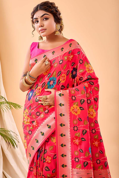 VastraLakshmi Ailurophile Dark Pink Paithani Silk Saree With Admirable Blouse Piece