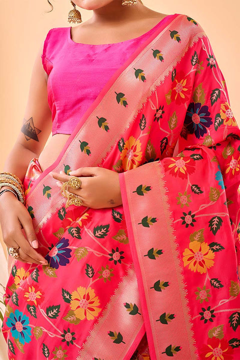 VastraLakshmi Ailurophile Dark Pink Paithani Silk Saree With Admirable Blouse Piece