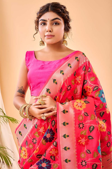 VastraLakshmi Ailurophile Dark Pink Paithani Silk Saree With Admirable Blouse Piece