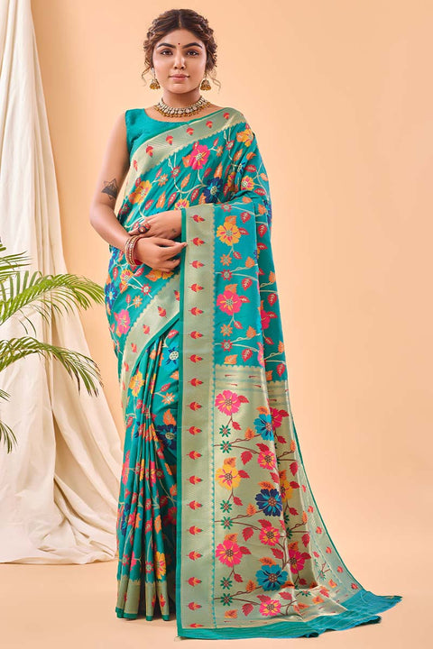 VastraLakshmi Desirable Firozi Paithani Silk Saree With Prominent Blouse Piece