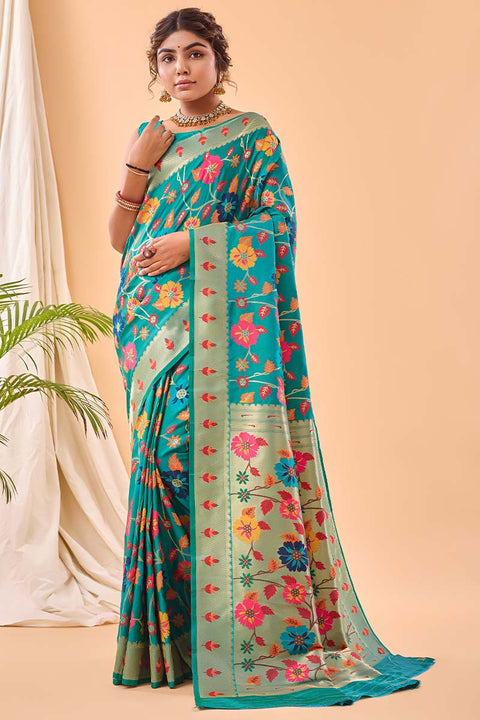 VastraLakshmi Desirable Firozi Paithani Silk Saree With Prominent Blouse Piece