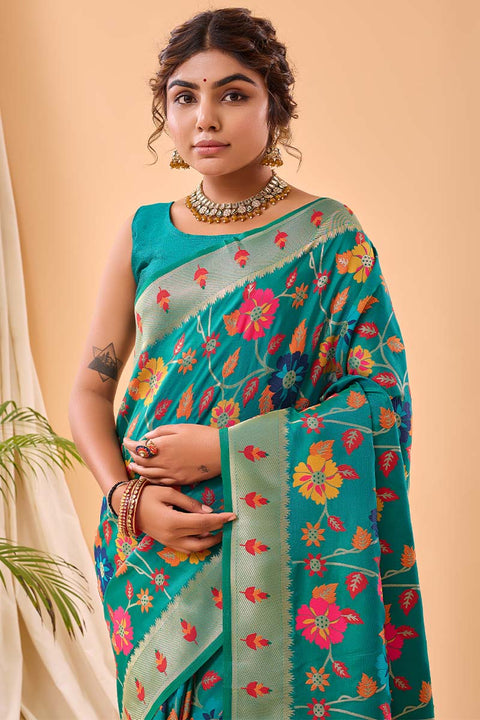 VastraLakshmi Desirable Firozi Paithani Silk Saree With Prominent Blouse Piece