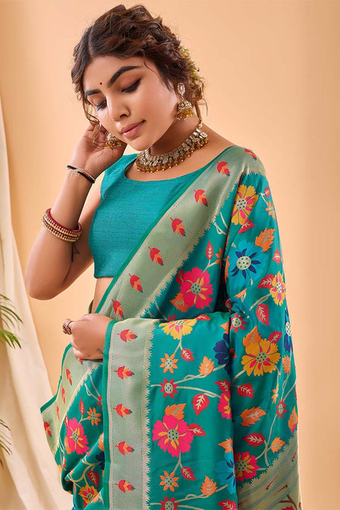 VastraLakshmi Desirable Firozi Paithani Silk Saree With Prominent Blouse Piece