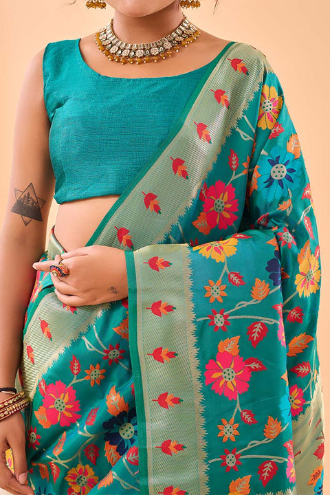 VastraLakshmi Desirable Firozi Paithani Silk Saree With Prominent Blouse Piece