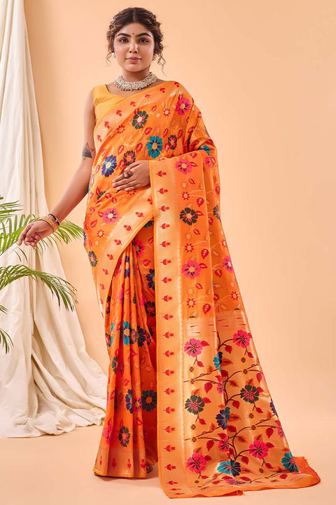 VastraLakshmi Angelic Orange Paithani Silk Saree With Desuetude Blouse Piece