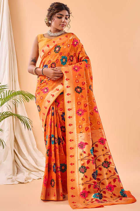 VastraLakshmi Angelic Orange Paithani Silk Saree With Desuetude Blouse Piece