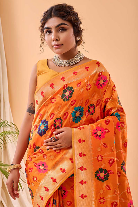 VastraLakshmi Angelic Orange Paithani Silk Saree With Desuetude Blouse Piece