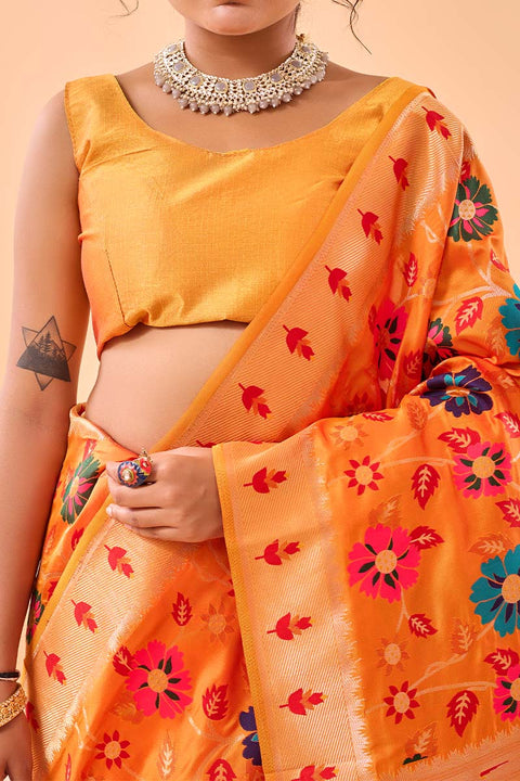 VastraLakshmi Angelic Orange Paithani Silk Saree With Desuetude Blouse Piece