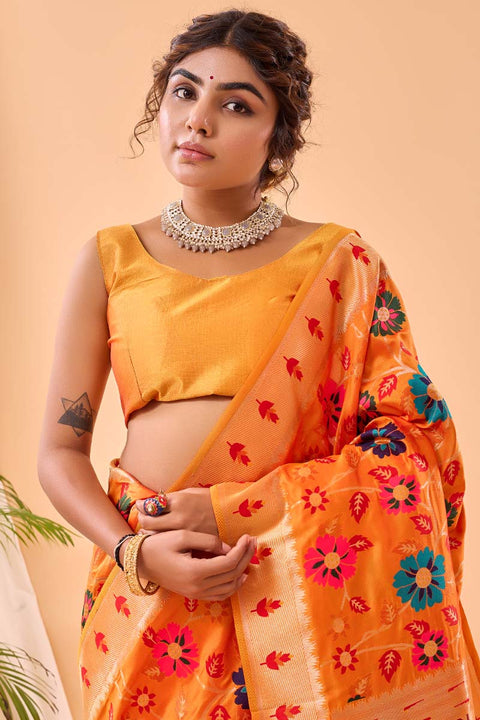 VastraLakshmi Angelic Orange Paithani Silk Saree With Desuetude Blouse Piece