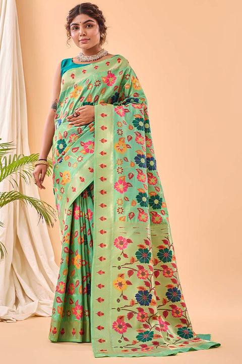 VastraLakshmi Redolent Pista Paithani Silk Saree With Gratifying Blouse Piece