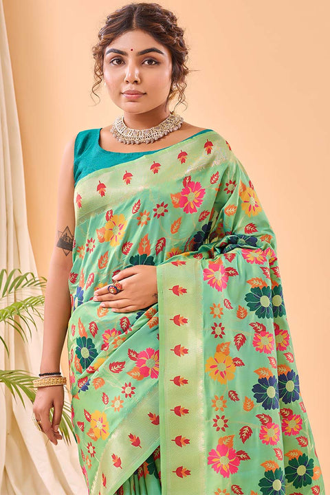 VastraLakshmi Redolent Pista Paithani Silk Saree With Gratifying Blouse Piece