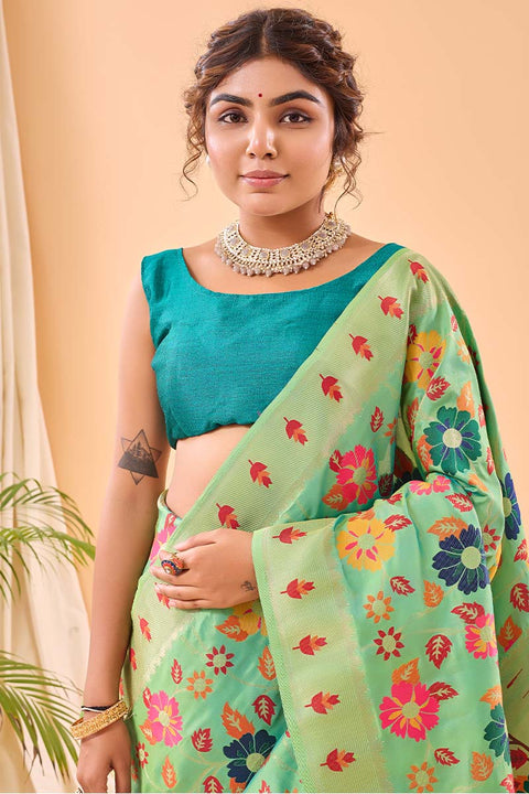 VastraLakshmi Redolent Pista Paithani Silk Saree With Gratifying Blouse Piece