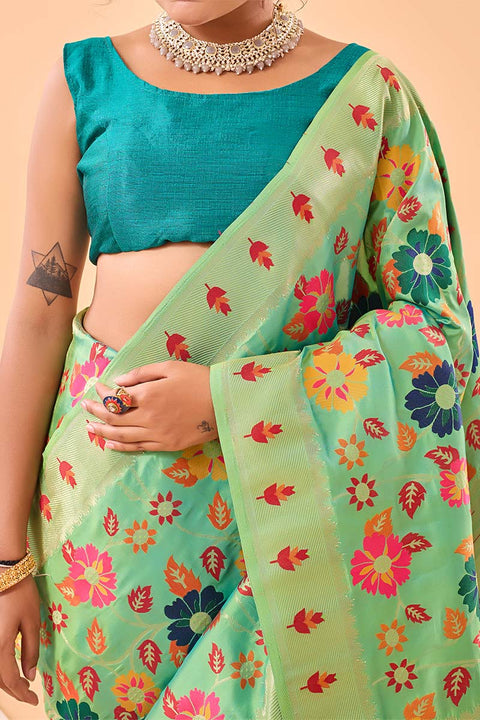 VastraLakshmi Redolent Pista Paithani Silk Saree With Gratifying Blouse Piece