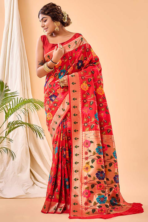 VastraLakshmi Enamoring Red Paithani Silk Saree With Proficient Blouse Piece