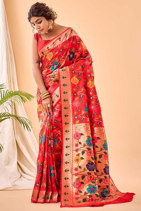 VastraLakshmi Enamoring Red Paithani Silk Saree With Proficient Blouse Piece