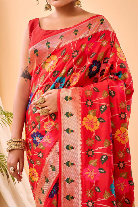 VastraLakshmi Enamoring Red Paithani Silk Saree With Proficient Blouse Piece