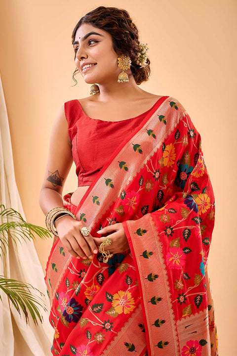 VastraLakshmi Enamoring Red Paithani Silk Saree With Proficient Blouse Piece