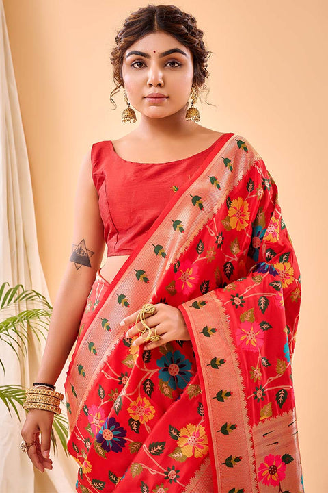 VastraLakshmi Enamoring Red Paithani Silk Saree With Proficient Blouse Piece