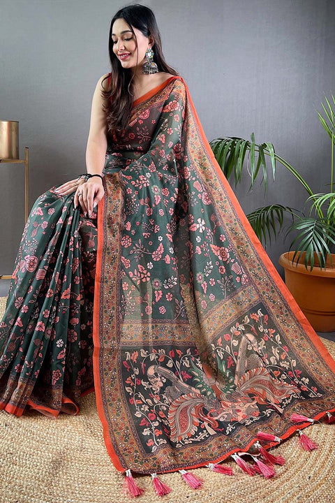 VastraLakshmi Lovely Dark Green Kalamkari Printed Saree With Gleaming Blouse Piece