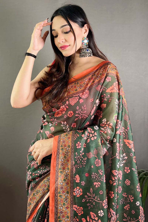 VastraLakshmi Lovely Dark Green Kalamkari Printed Saree With Gleaming Blouse Piece